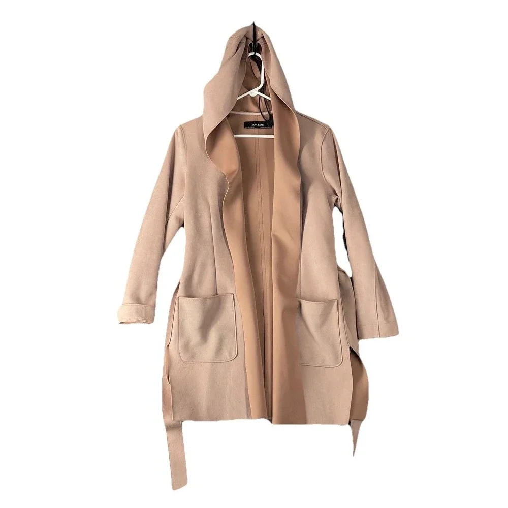 Zara Coat Women's‎ Faux Suede Trench Cream Beige Belted Mid Length Hooded Sz S
